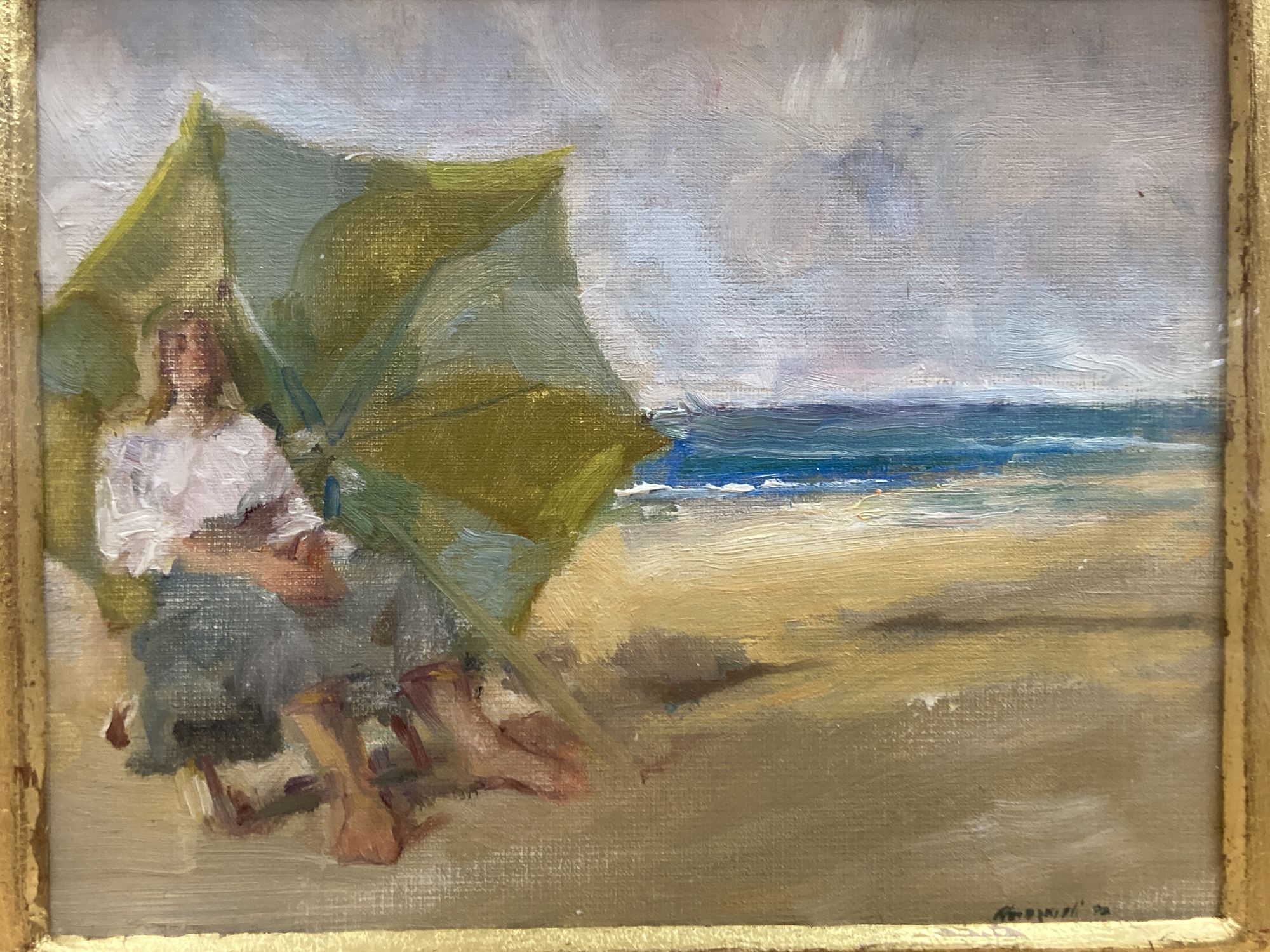 Italian School, oil on canvas board, Woman seated on a beach, indistinctly signed and dated, 19 x 24cm